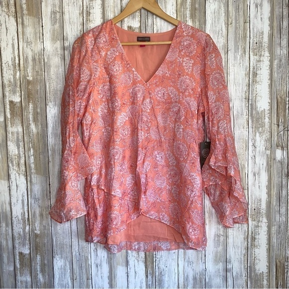 NWT Vince Camuto Orange Coral Floral Flutter Sleeve Blouse - Picture 2 of 7